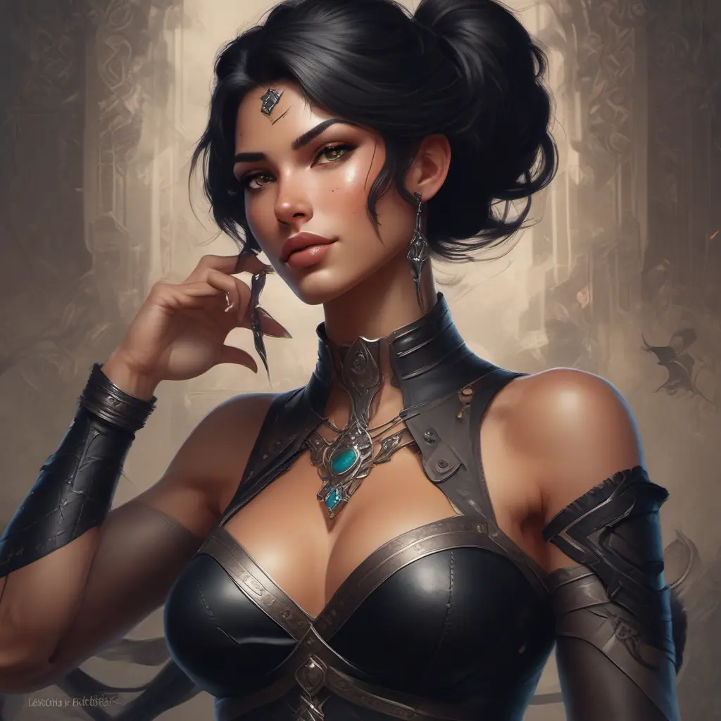 Alluring matte portrait of a beautiful Nidalee wearing black leather, 8k, Highly Detailed, Intricate, Half Body, Realistic, Sharp Focus, Volumetric Lighting, Fantasy, Elegant by Stanley Artgerm Lau, Alphonse Mucha, WLOP