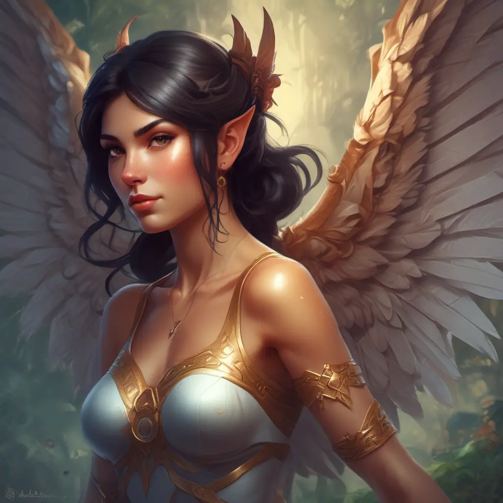 Alluring matte portrait of a beautiful Nidalee with wings, 8k, Highly Detailed, Intricate, Half Body, Realistic, Sharp Focus, Volumetric Lighting, Fantasy, Elegant by Stanley Artgerm Lau, Alphonse Mucha, WLOP