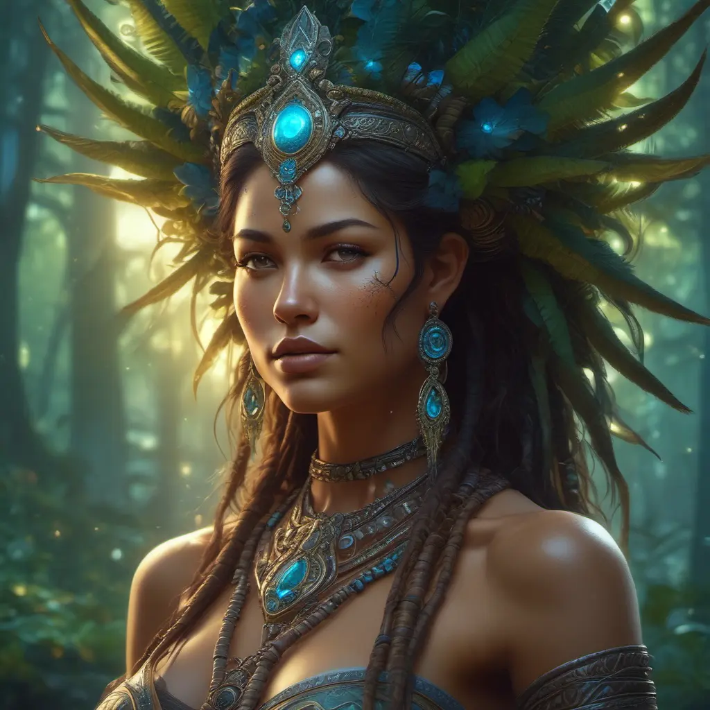 Closeup of a beautiful tribal goddess in a magical forest, 4k, Highly Detailed, Masterpiece, Pretty Face, Digital Illustration, Cinematic Lighting, Realistic, Sharp Focus, Centered, Beautifully Lit, Bioluminescent by Stanley Artgerm Lau