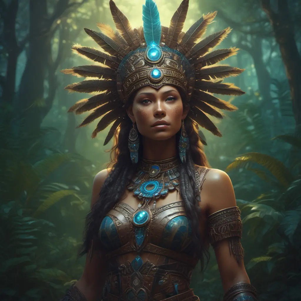 Closeup of a beautiful Aztec Queen in a magical forest, 4k, Highly Detailed, Masterpiece, Pretty Face, Digital Illustration, Cinematic Lighting, Realistic, Sharp Focus, Centered, Beautifully Lit, Bioluminescent by Stanley Artgerm Lau