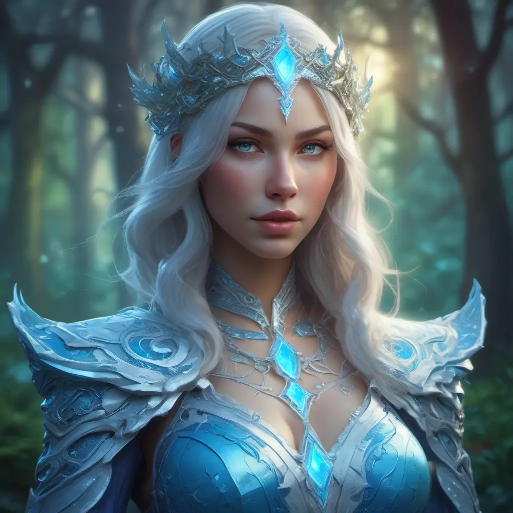 Closeup of a beautiful ice mage in a magical forest, 4k, Highly Detailed, Masterpiece, Pretty Face, Digital Illustration, Cinematic Lighting, Realistic, Sharp Focus, Centered, Beautifully Lit, Bioluminescent by Stanley Artgerm Lau