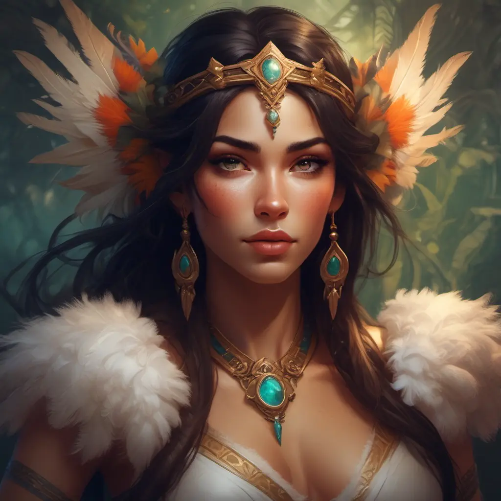 Alluring matte portrait of a beautiful Nidalee wearing feathers, 8k, Highly Detailed, Intricate, Half Body, Realistic, Sharp Focus, Volumetric Lighting, Fantasy, Elegant by Stanley Artgerm Lau, Alphonse Mucha, WLOP