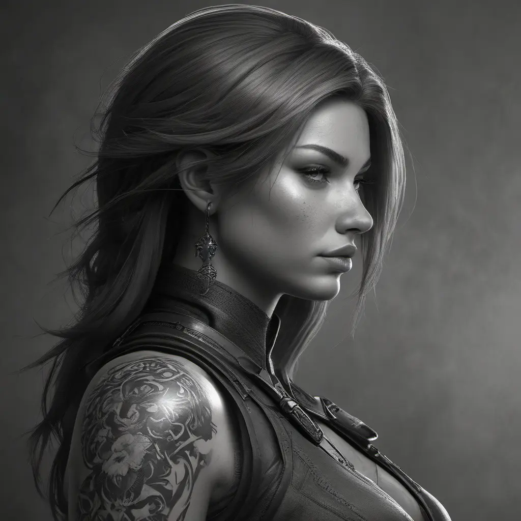 Grayscale matte portrait of a beautiful female assassin with tattoos, 4k, Highly Detailed, Powerful, Alluring, Artstation, Magical, Digital Painting, Photo Realistic, Sharp Focus, Volumetric Lighting, Concept Art by Stanley Artgerm Lau, Alphonse Mucha, Greg Rutkowski