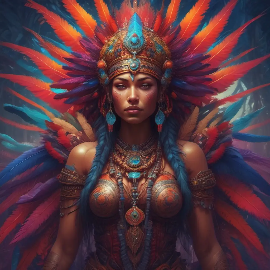 Visionary painting of a mystical tribal goddess surrounded by vibrant feathers, 8k, Highly Detailed, Intricate, Artstation, Matte Painting, Sharp Focus, Volumetric Lighting, Concept Art by Stanley Artgerm Lau, Greg Rutkowski