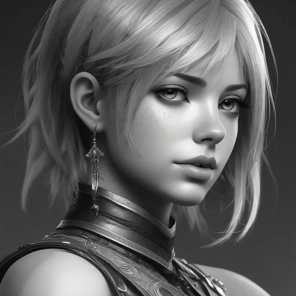 Black & White portrait of A2 from Nier Automata, Highly Detailed, Intricate, Artstation, Beautiful, Digital Painting, Sharp Focus, Concept Art, Elegant