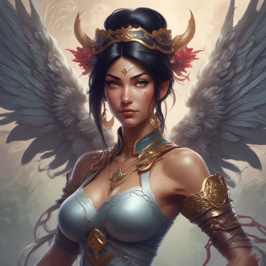 Alluring matte portrait of a beautiful Akali with wings, 8k, Highly Detailed, Intricate, Half Body, Realistic, Sharp Focus, Volumetric Lighting, Fantasy, Elegant by Stanley Artgerm Lau, Alphonse Mucha, WLOP