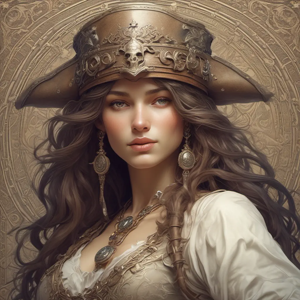 Alluring matte portrait of a beautiful female Pirate, 8k, Highly Detailed, Intricate, Half Body, Realistic, Sharp Focus, Volumetric Lighting, Fantasy, Elegant by Alphonse Mucha