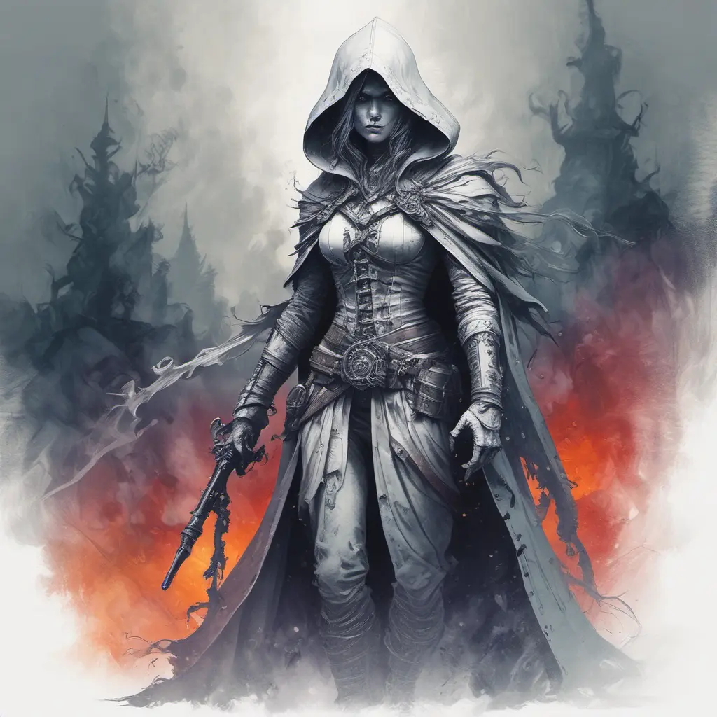 White hooded female assassin emerging from the fog of war, Highly Detailed, Vibrant Colors, Ink Art, Fantasy, Dark by Vincent Di Fate