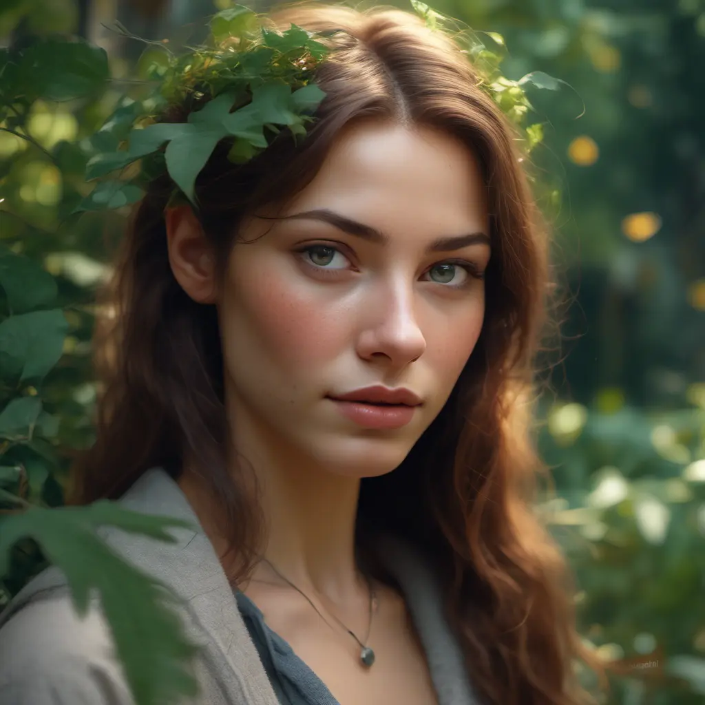 Closeup of a gorgeous female in foliage and the style of stefan kostic, 8k, High Definition, Digital Illustration, Bokeh effect, Photo Realistic, Sharp Focus by Stanley Artgerm Lau