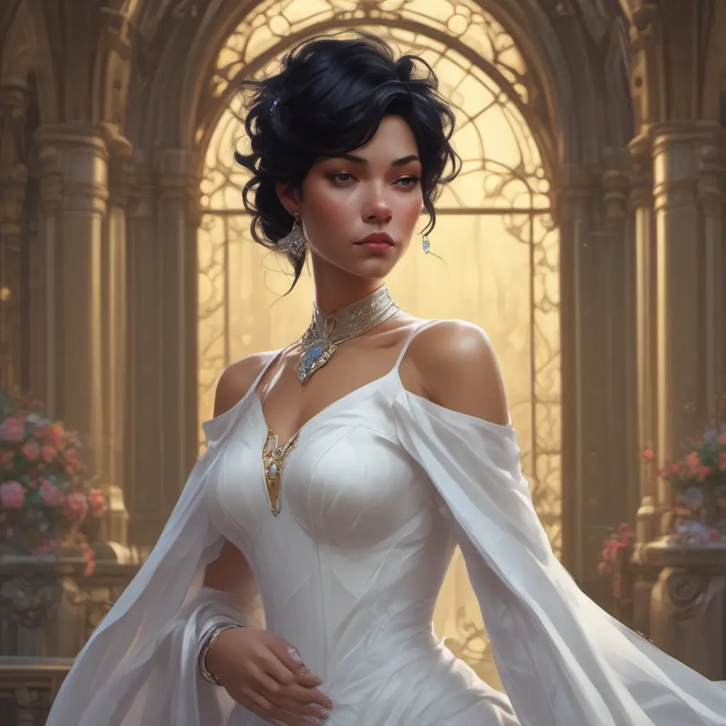 Cassandra cain in a wedding dress, riot entertainment, Realistic, Artgerm, Concept Art, Portrait by Alphonse Mucha, Greg Rutkowski