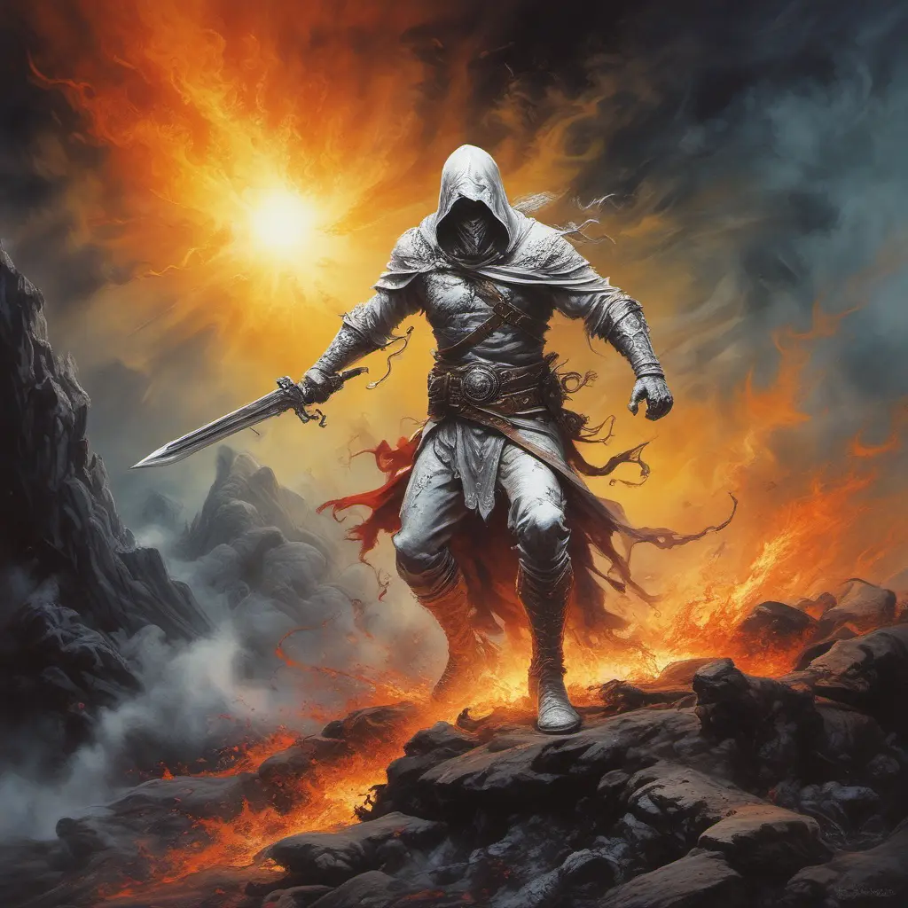 White Assassin emerging from a firey fog of battle, ink splash, Highly Detailed, Vibrant Colors, Ink Art, Fantasy, Dark by Gilbert Williams