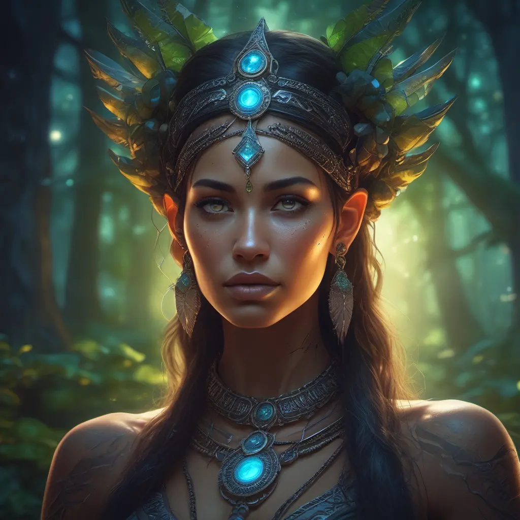 Closeup of a beautiful tribal goddess in a magical forest, 4k, Highly Detailed, Masterpiece, Pretty Face, Digital Illustration, Cinematic Lighting, Realistic, Sharp Focus, Centered, Beautifully Lit, Bioluminescent by Stanley Artgerm Lau