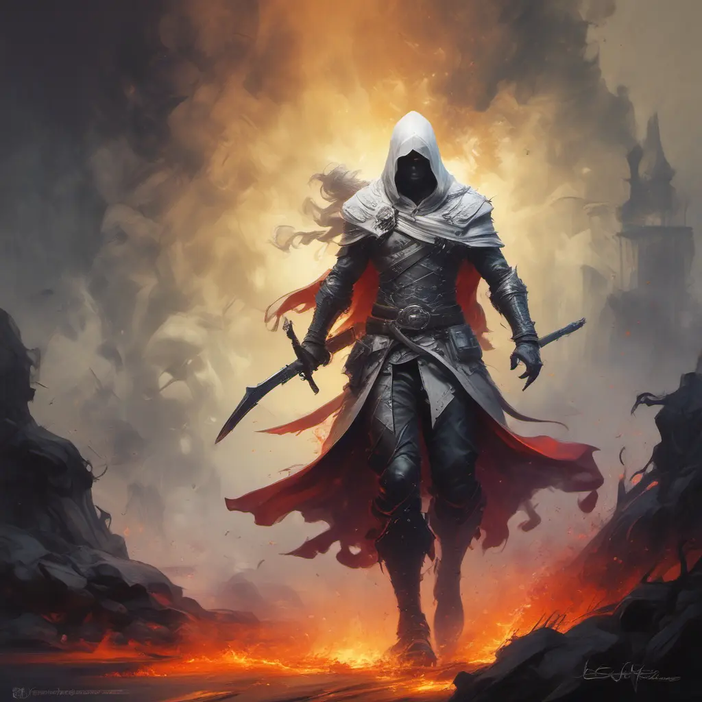 White Assassin emerging from a firey fog of battle, ink splash, Highly Detailed, Vibrant Colors, Ink Art, Fantasy, Dark by Stanley Artgerm Lau