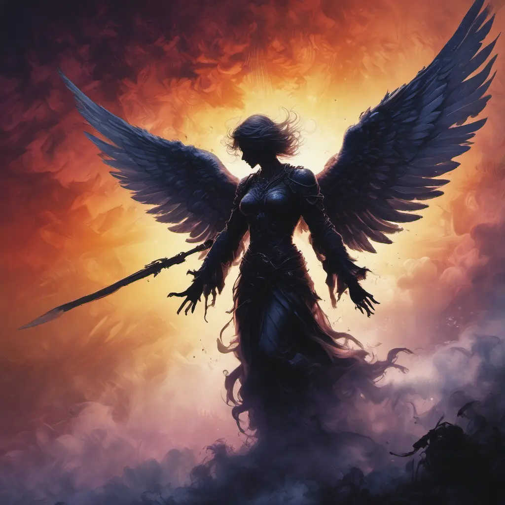 Silhouette of an Angel emerging from the fog of war, ink splash, Highly Detailed, Vibrant Colors, Ink Art, Fantasy, Dark by Stanley Artgerm Lau