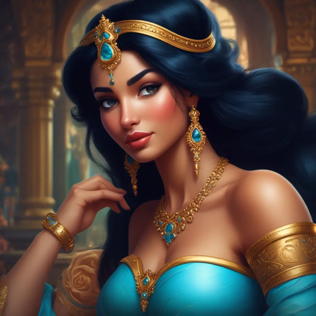 Alluring matte portrait of Princess Jasmine, 4k, 4k resolution, 8k, HD, High Definition, High Resolution, Highly Detailed, HQ, Hyper Detailed, Intricate Artwork, Ultra Detailed, Digital Painting, Matte Painting, Realistic, Sharp Focus, Dim light, Fantasy by Stanley Artgerm Lau