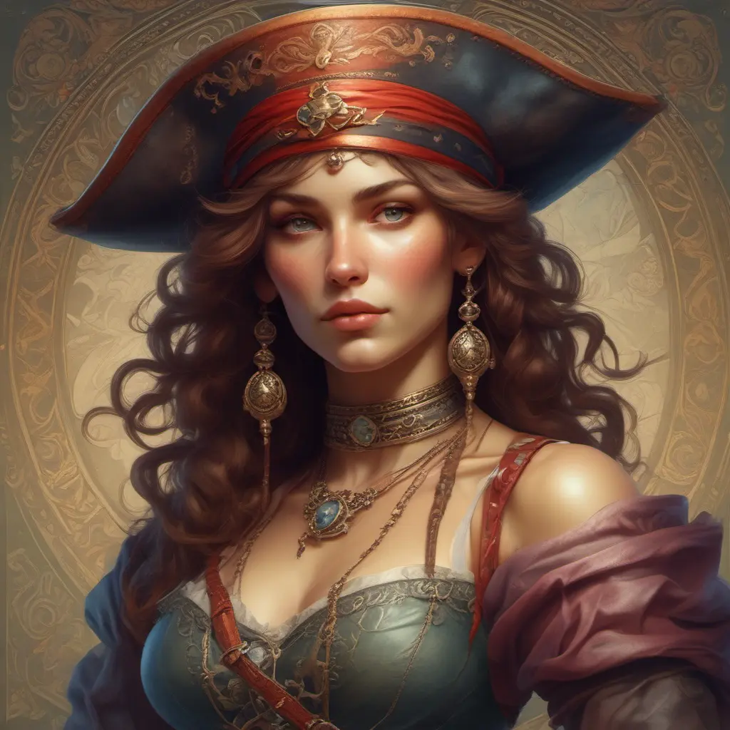 Alluring matte portrait of a beautiful female Pirate, 8k, Highly Detailed, Intricate, Half Body, Realistic, Sharp Focus, Volumetric Lighting, Fantasy, Elegant by Alphonse Mucha