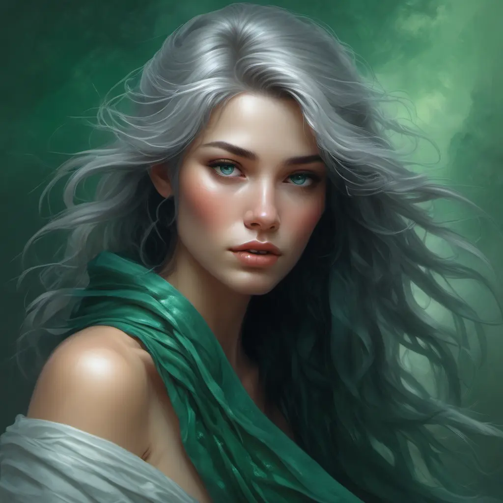 A portrait of a woman with flowing ashen hair, cascading down her shoulders like a silken waterfall. Her eyes are a deep, emerald green, reflecting the wisdom of ages., 8k by Stanley Artgerm Lau