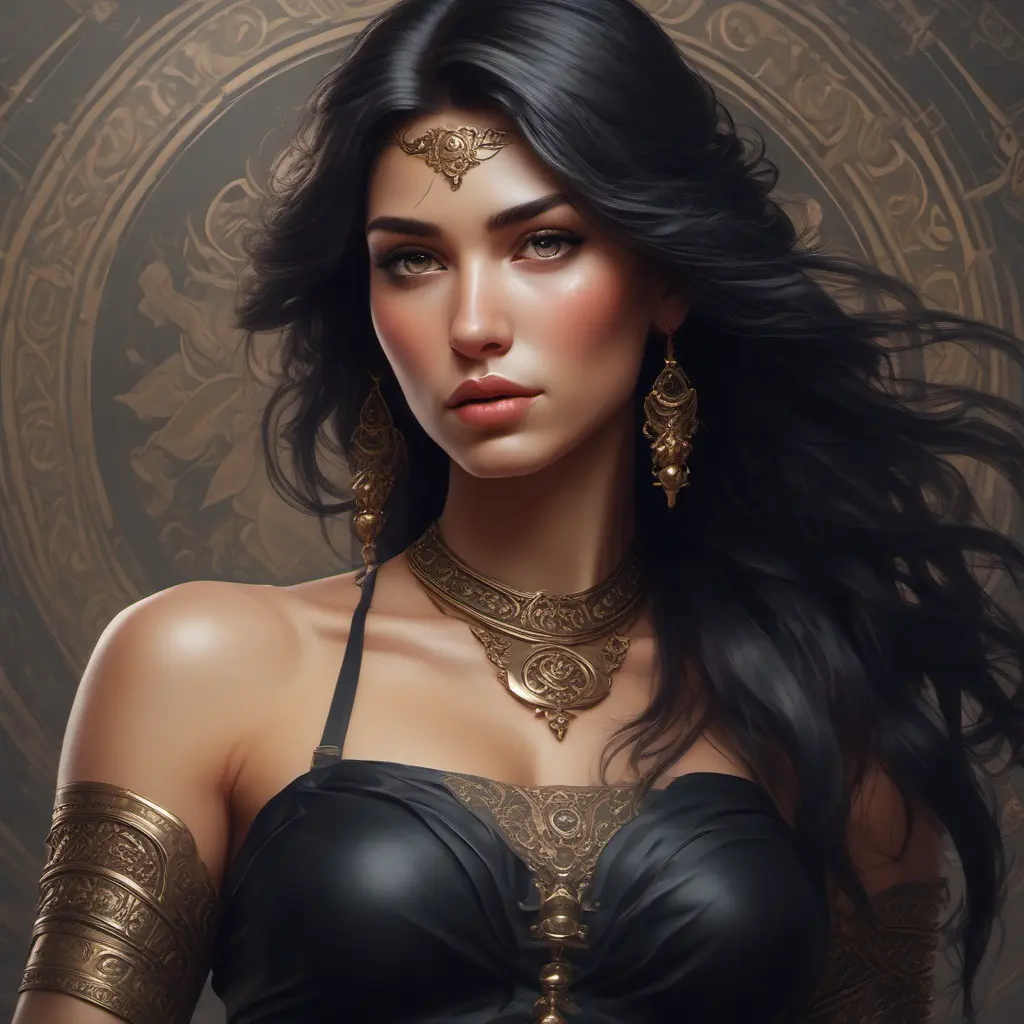 Alluring matte portrait of a fierce beautiful Kassandra in black, 8k, Highly Detailed, Intricate, Half Body, Realistic, Sharp Focus, Volumetric Lighting, Fantasy, Elegant by Stanley Artgerm Lau, Alphonse Mucha, WLOP, Stefan Kostic