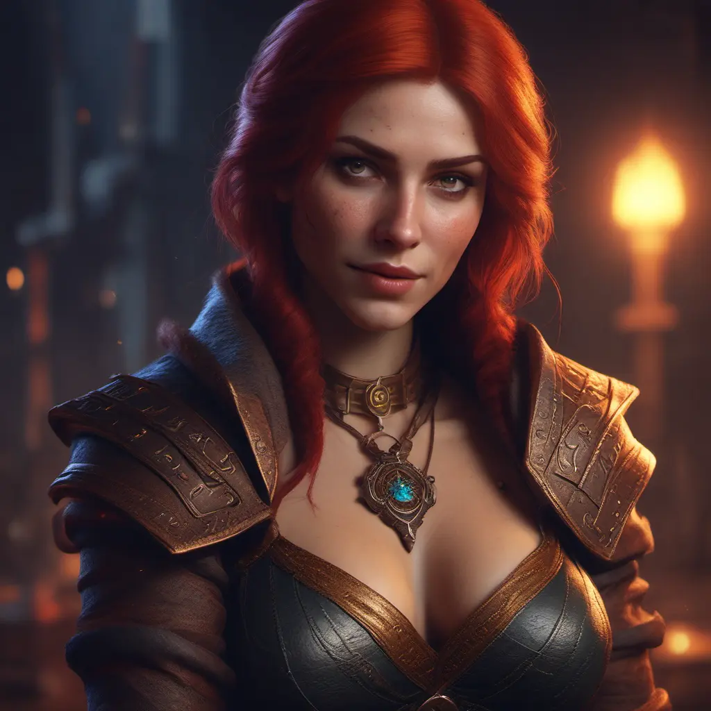 Alluring Triss Merigold as a rouge mage in The Witcher 3 Style, 4k, Highly Detailed, Beautiful, Cinematic Lighting, Sharp Focus, Volumetric Lighting, Closeup Portrait, Concept Art