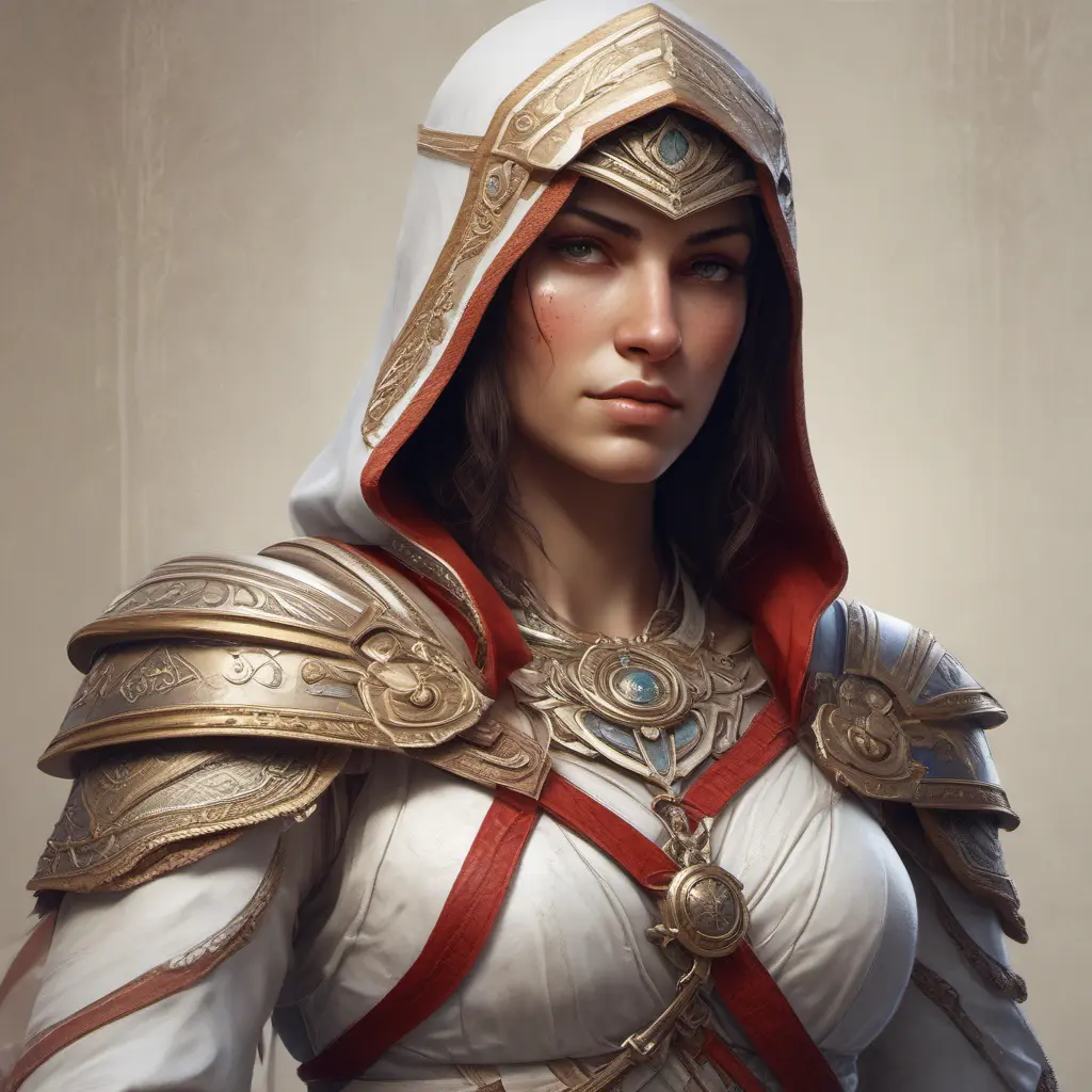 Closeup of Kassandra from Assassins Creed in white armor, Highly Detailed, Intricate, Artstation, Beautiful, Digital Painting, Sharp Focus, Concept Art, Elegant by Alphonse Mucha, Greg Rutkowski