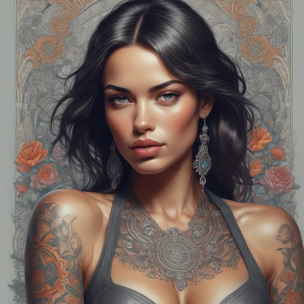 Colorful portrait of a tattooed Irina Shayk with a grey scale face, 4k, Highly Detailed, Hyper Detailed, Powerful, Artstation, Vintage Illustration, Digital Painting, Sharp Focus, Smooth, Concept Art by Stanley Artgerm Lau, Alphonse Mucha, Greg Rutkowski