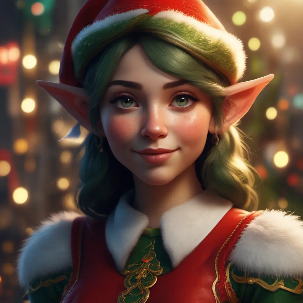 Closeup portrait of a beautiful Christmas Elf, 8k, Highly Detailed, Alluring, Photo Realistic, Sharp Focus, Volumetric Lighting by Stanley Artgerm Lau