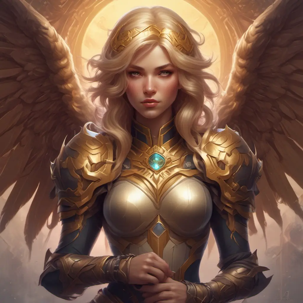 Matte portrait of Kayle from League of Legends with tattoos, 8k, Highly Detailed, Powerful, Alluring, Artstation, Magical, Digital Painting, Photo Realistic, Sharp Focus, Volumetric Lighting, Concept Art by Stanley Artgerm Lau, Alphonse Mucha, Greg Rutkowski