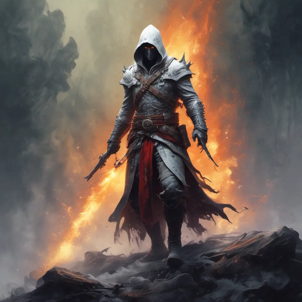 White Assassin emerging from a firey fog of battle, ink splash, Highly Detailed, Vibrant Colors, Ink Art, Fantasy, Dark by Brad Rigney