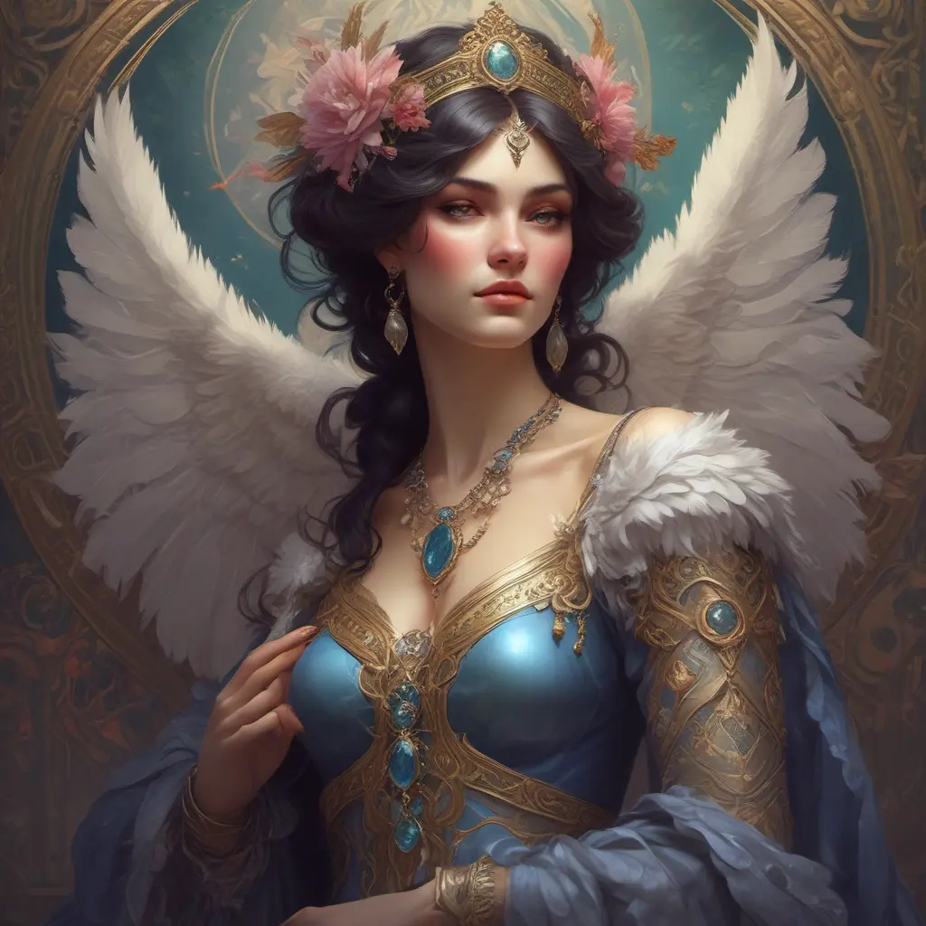 Alluring matte portrait of a beautiful Morgana wearing feathers, 8k, Highly Detailed, Intricate, Half Body, Realistic, Sharp Focus, Volumetric Lighting, Fantasy, Elegant by Stanley Artgerm Lau, Alphonse Mucha, WLOP