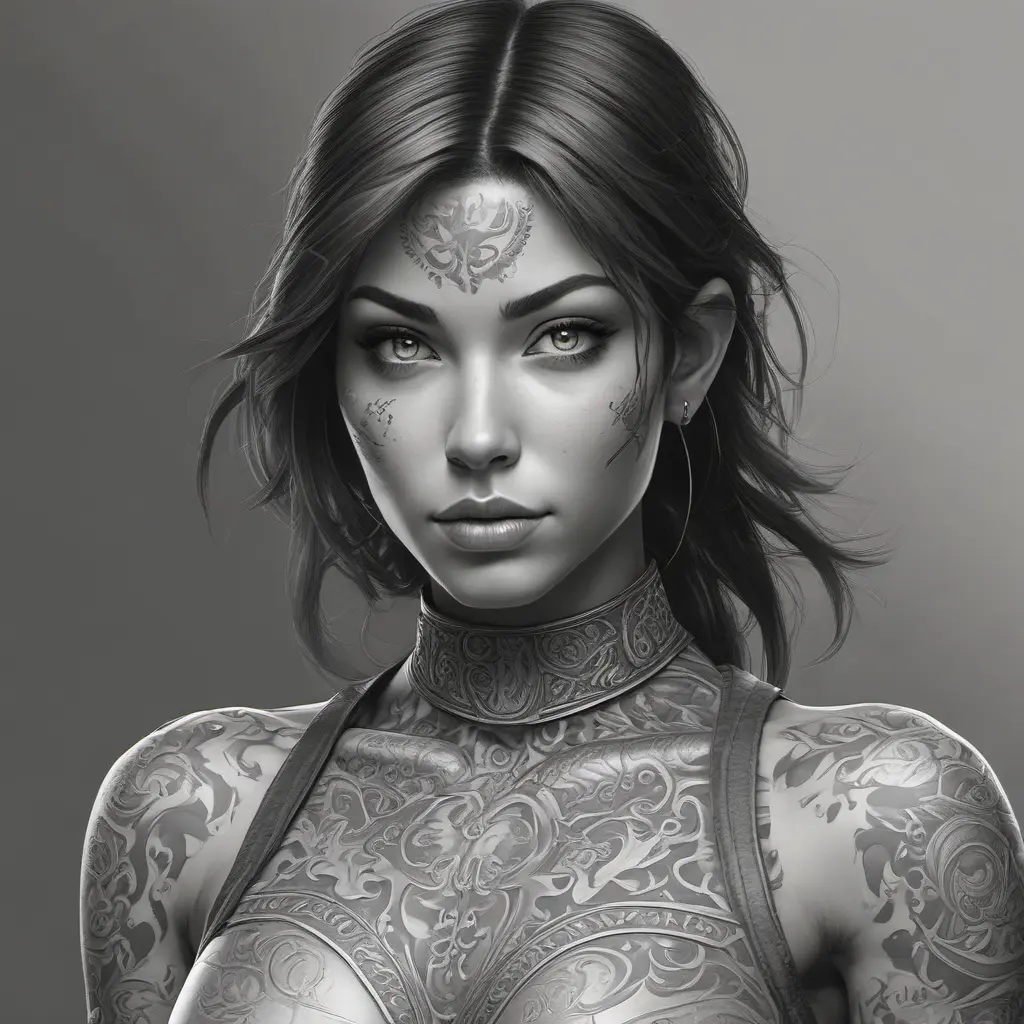 Grayscale matte portrait of a beautiful female ninja with tattoos, 4k, Highly Detailed, Powerful, Alluring, Artstation, Magical, Digital Painting, Photo Realistic, Sharp Focus, Volumetric Lighting, Concept Art by Stanley Artgerm Lau, Alphonse Mucha, Greg Rutkowski