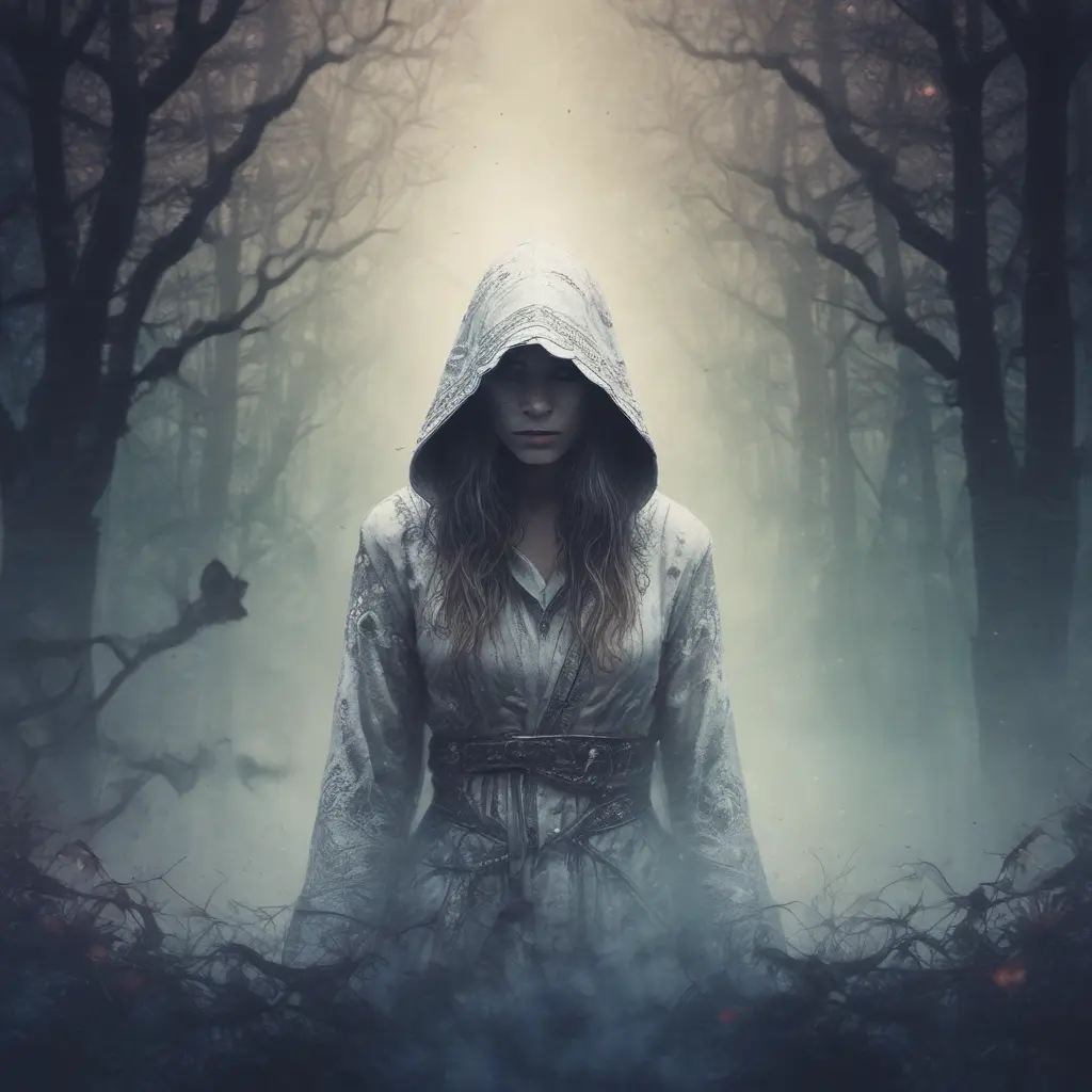 White hooded female assassin emerging from the fog of war, Highly Detailed, Vibrant Colors, Ink Art, Fantasy, Dark by Aliza Razell