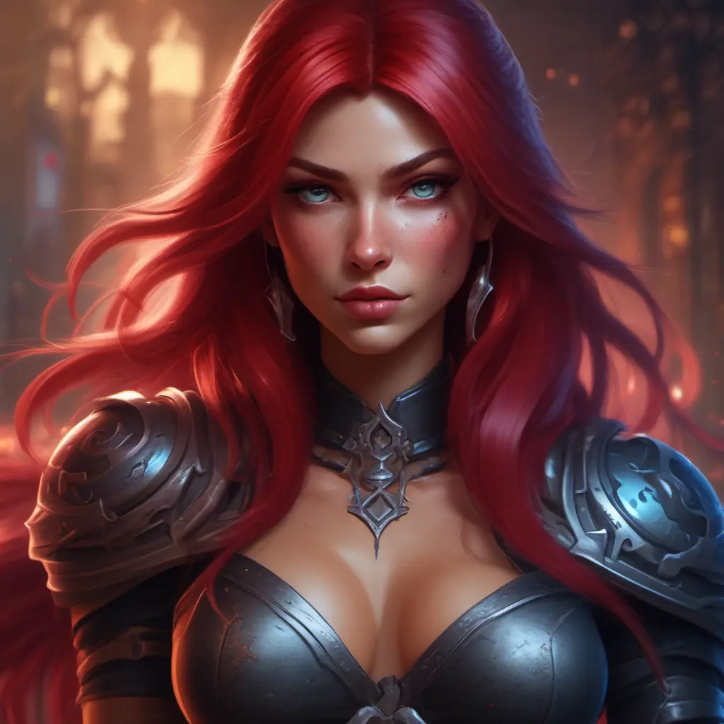 Matte portrait of Katarina from League of Legends with tattoos, 8k, Highly Detailed, Powerful, Alluring, Artstation, Magical, Digital Painting, Photo Realistic, Sharp Focus, Volumetric Lighting, Concept Art by Stanley Artgerm Lau, Alphonse Mucha, Greg Rutkowski