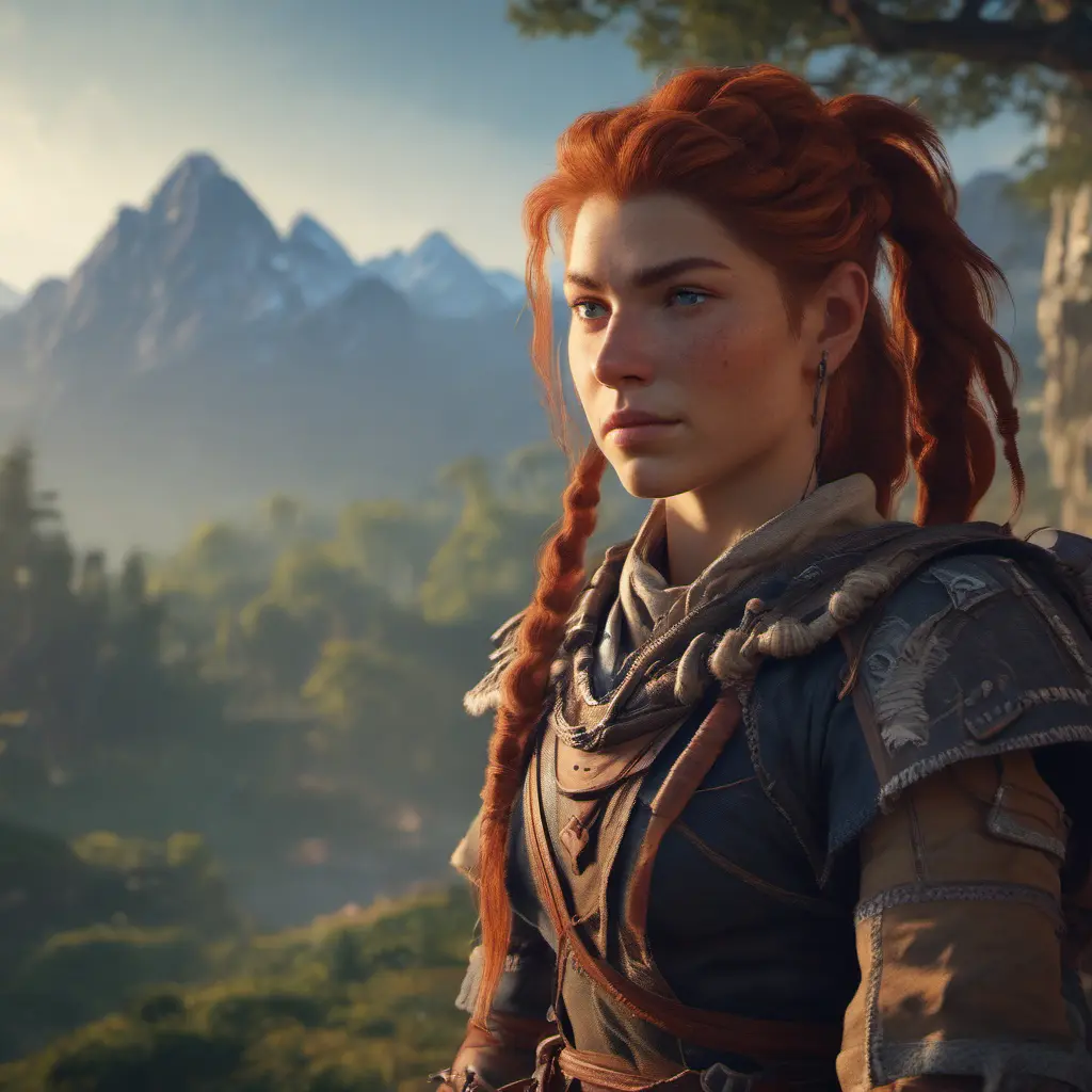 A portrait of Aloy from the Horizon video game in a scenic environment, 4k, HQ, CryEngine