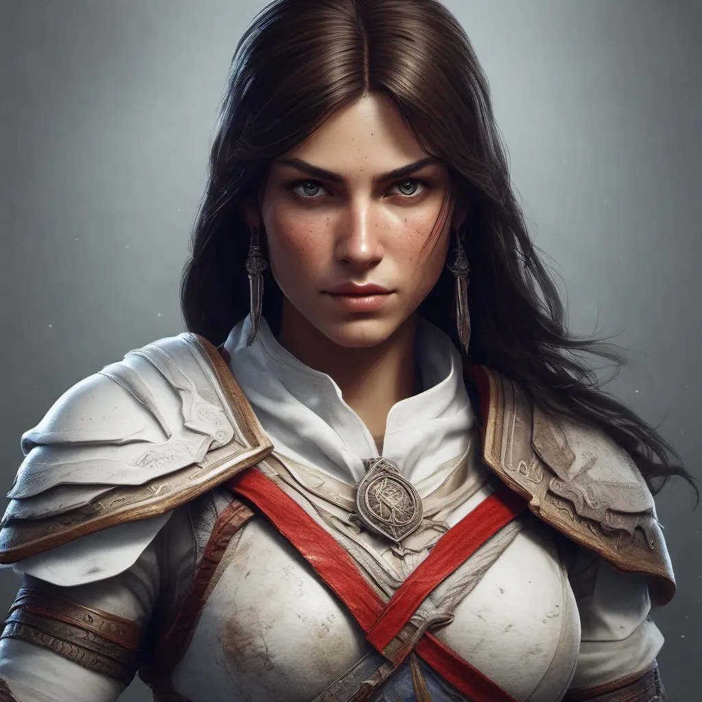 Kassandra from Assassins Creed in white armor, 8k, Highly Detailed, Artstation, Beautiful, Digital Illustration, Sharp Focus, Unreal Engine, Concept Art