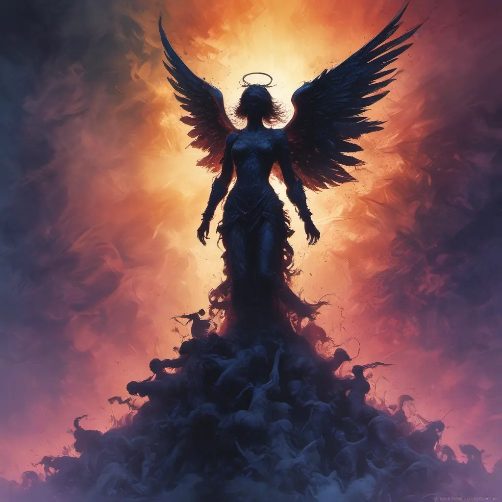 Silhouette of an Angel emerging from the fog of war, ink splash, Highly Detailed, Vibrant Colors, Ink Art, Fantasy, Dark by Stanley Artgerm Lau