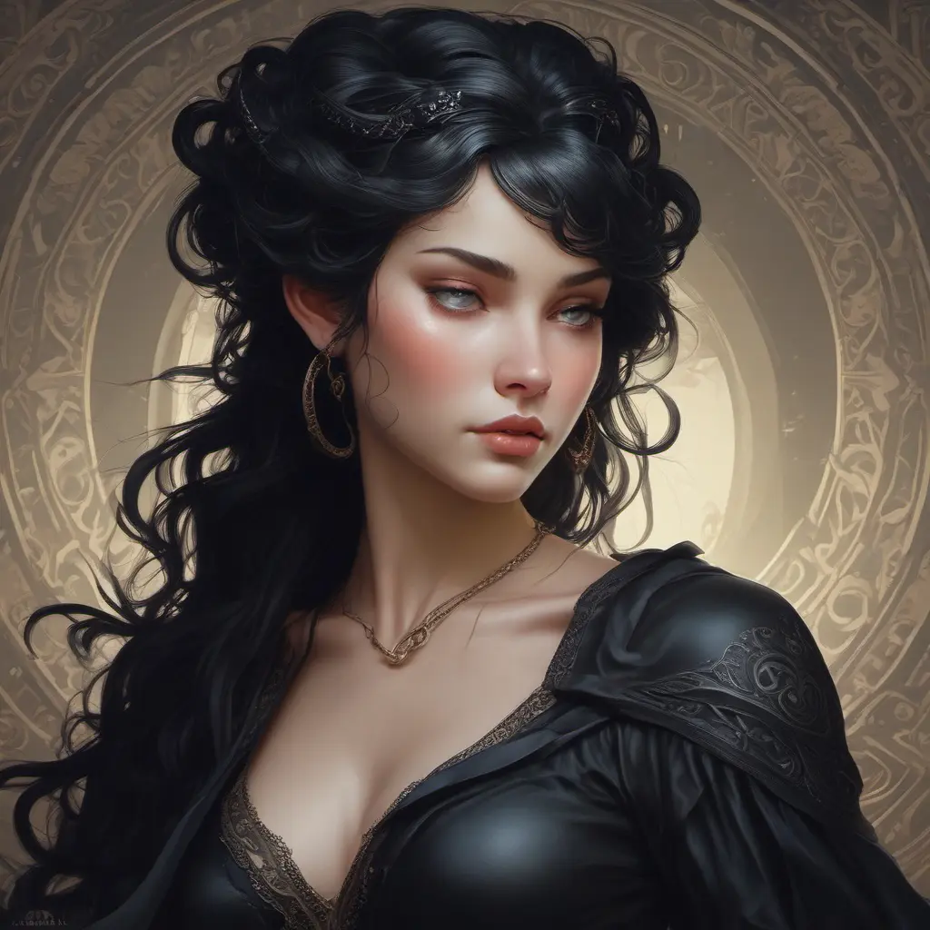 Alluring matte portrait of the beautiful Morgana in black, 8k, Highly Detailed, Intricate, Realistic, Sharp Focus, Volumetric Lighting, Fantasy, Elegant by Stanley Artgerm Lau, Alphonse Mucha, WLOP, Stefan Kostic