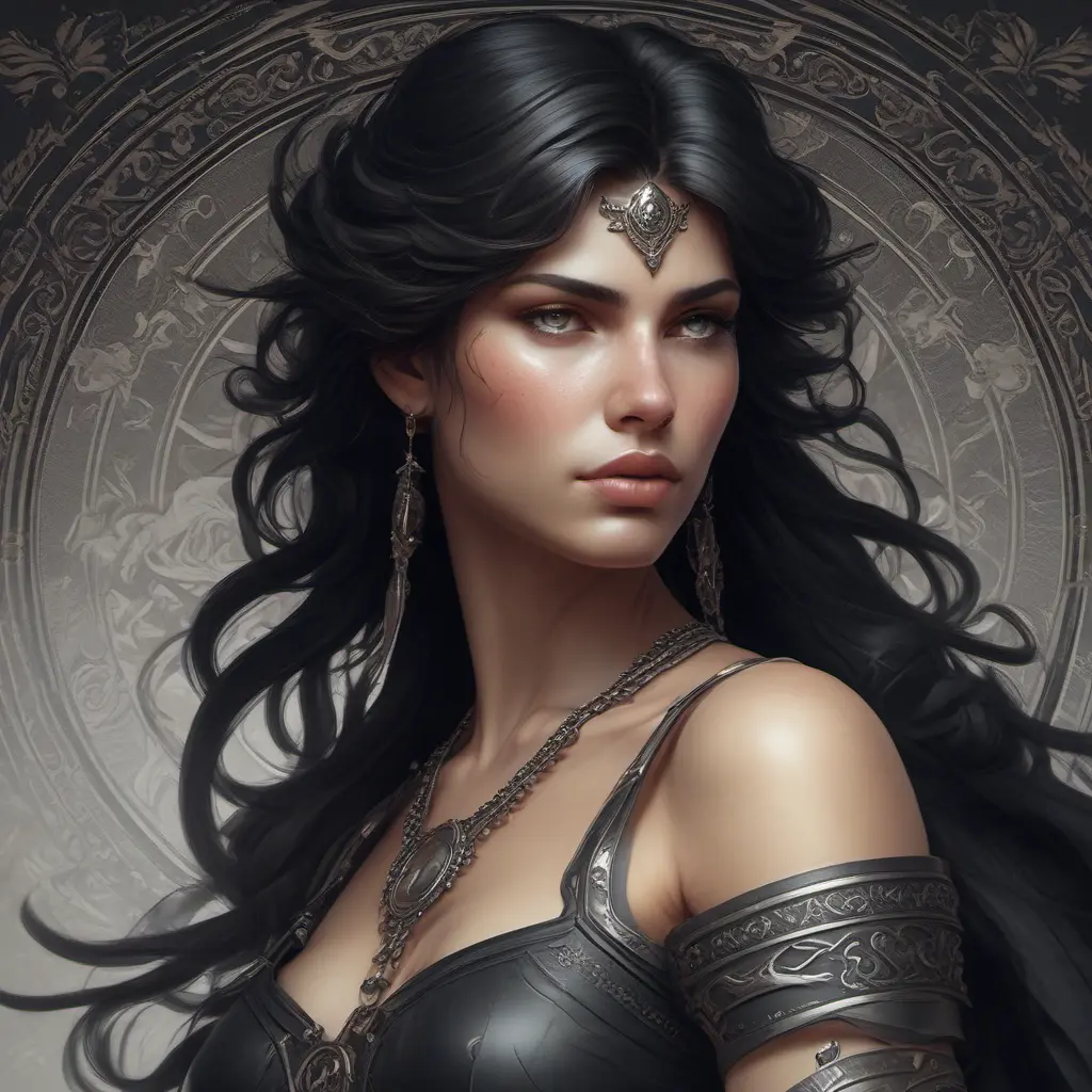 Alluring matte portrait of a fierce beautiful Kassandra in black, 8k, Highly Detailed, Intricate, Half Body, Realistic, Sharp Focus, Volumetric Lighting, Fantasy, Elegant by Stanley Artgerm Lau, Alphonse Mucha, WLOP, Stefan Kostic