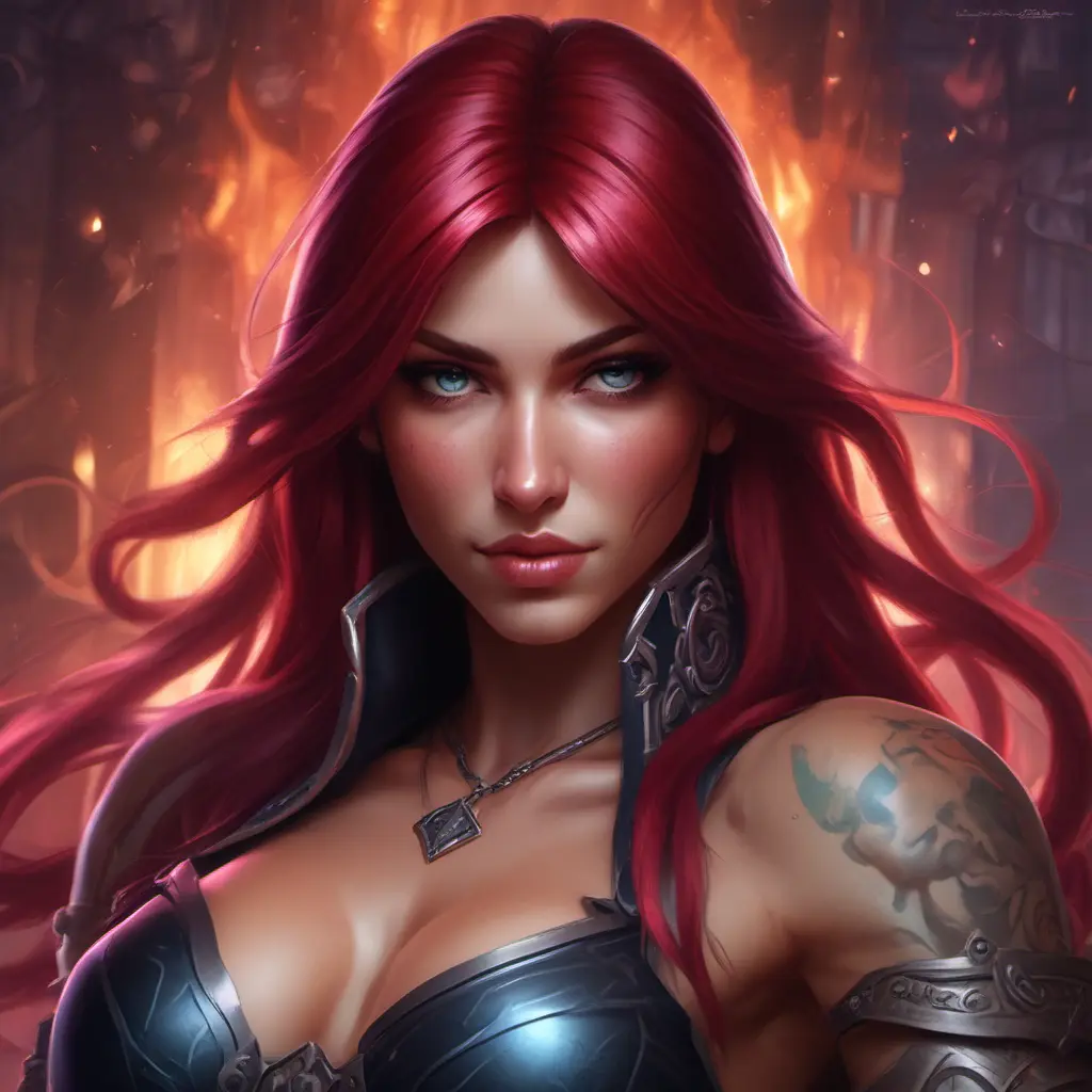 Matte portrait of Katarina from League of Legends with tattoos, 8k, Highly Detailed, Powerful, Alluring, Artstation, Magical, Digital Painting, Photo Realistic, Sharp Focus, Volumetric Lighting, Concept Art by Stanley Artgerm Lau, Alphonse Mucha, Greg Rutkowski