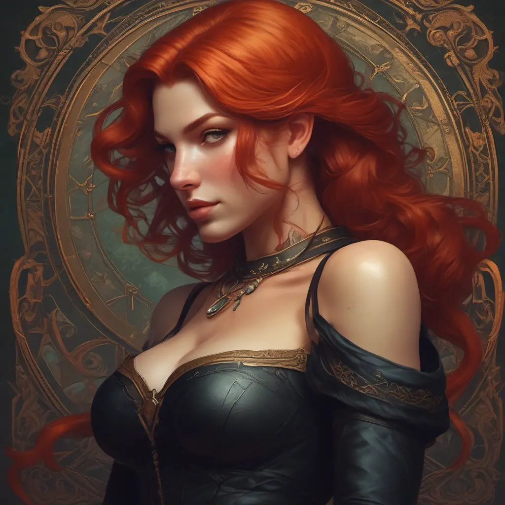 Alluring matte portrait of a fierce beautiful Triss Merrigold in black, 8k, Highly Detailed, Intricate, Half Body, Realistic, Sharp Focus, Volumetric Lighting, Fantasy, Elegant by Stanley Artgerm Lau, Alphonse Mucha, WLOP, Stefan Kostic