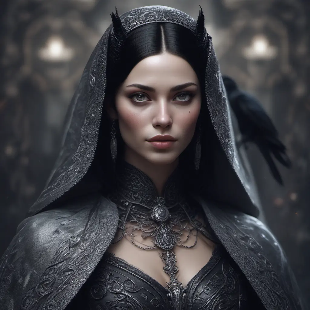 Alluring portrait of a beautiful raven black-haired veiled & caped vampire with sharp features and piercing eyes in the style of Stefan Kostic, 8k, High Definition, Highly Detailed, Intricate, Half Body, Realistic, Sharp Focus, Fantasy, Elegant