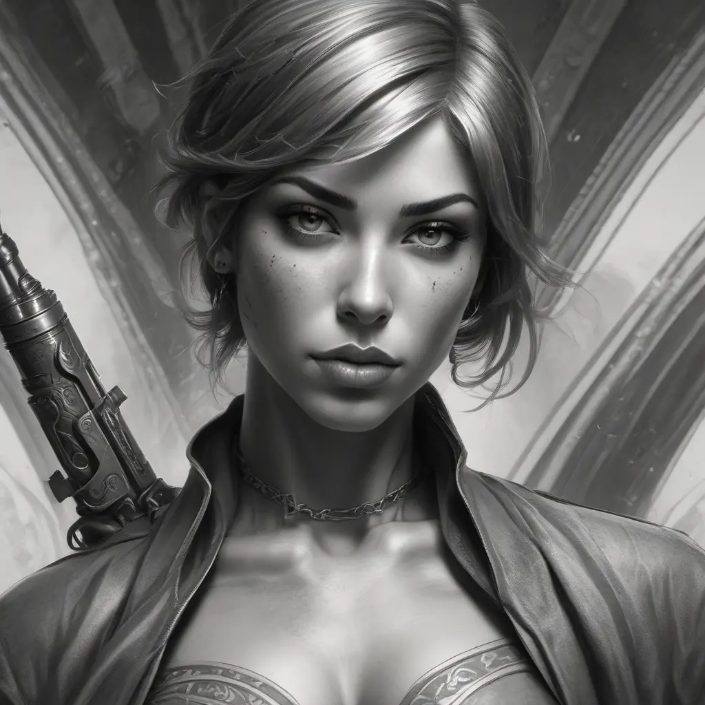 Grayscale matte portrait of a beautiful female assassin with tattoos, 4k, Highly Detailed, Powerful, Alluring, Artstation, Magical, Digital Painting, Photo Realistic, Sharp Focus, Volumetric Lighting, Concept Art by Stanley Artgerm Lau, Alphonse Mucha, Greg Rutkowski