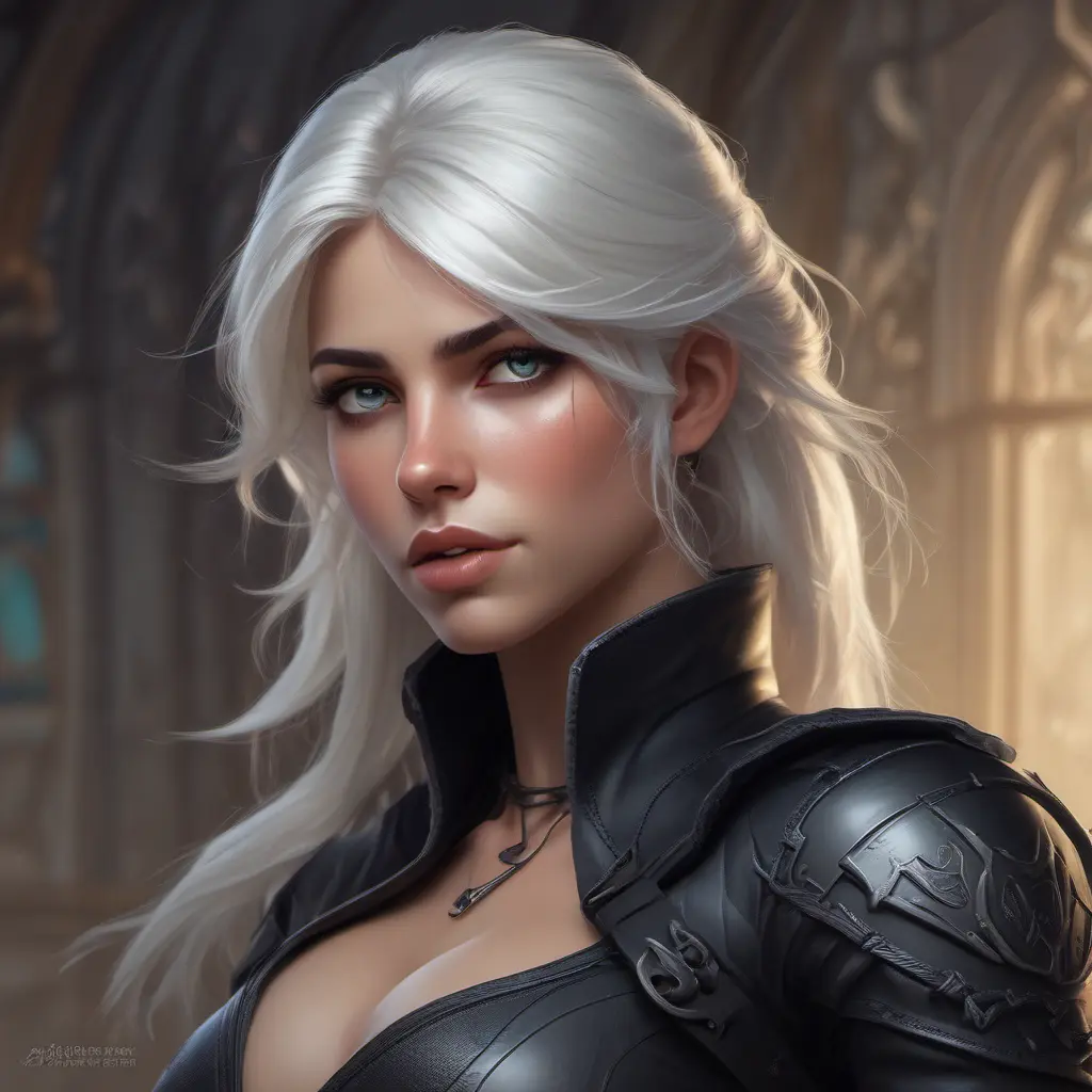 Alluring matte portrait of a beautiful Ciri wearing black leather, 8k, Highly Detailed, Intricate, Half Body, Realistic, Sharp Focus, Volumetric Lighting, Fantasy, Elegant by Stanley Artgerm Lau, Alphonse Mucha, WLOP