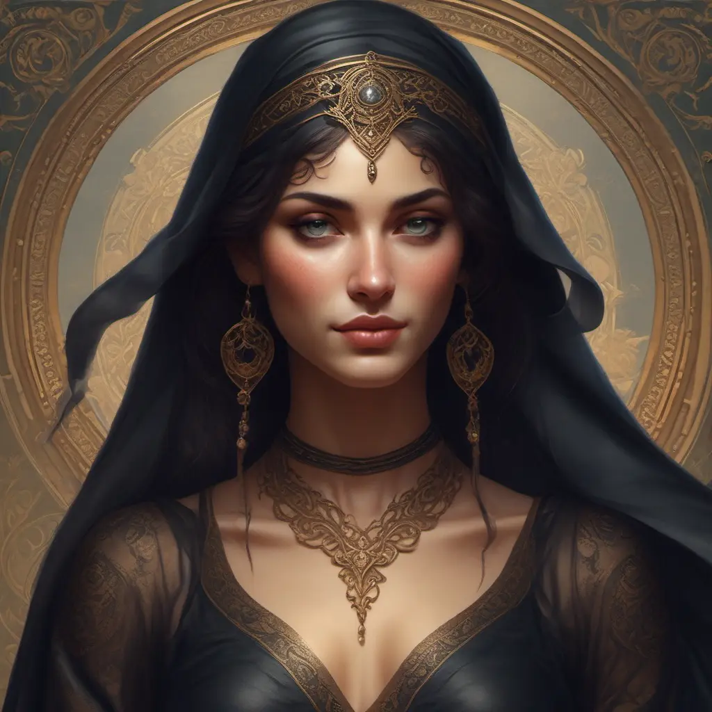 Alluring matte portrait of a beautiful veiled Kassandra wearing a black veil, 8k, Highly Detailed, Intricate, Half Body, Realistic, Sharp Focus, Volumetric Lighting, Fantasy, Elegant by Stanley Artgerm Lau, Alphonse Mucha, WLOP