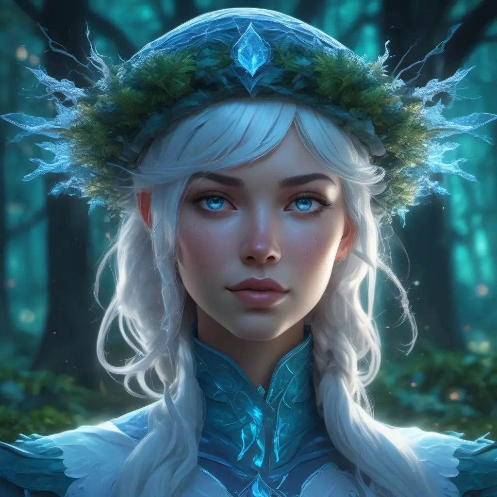 Closeup of a beautiful ice mage in a magical forest, 4k, Highly Detailed, Masterpiece, Pretty Face, Digital Illustration, Cinematic Lighting, Realistic, Sharp Focus, Centered, Beautifully Lit, Bioluminescent by Stanley Artgerm Lau