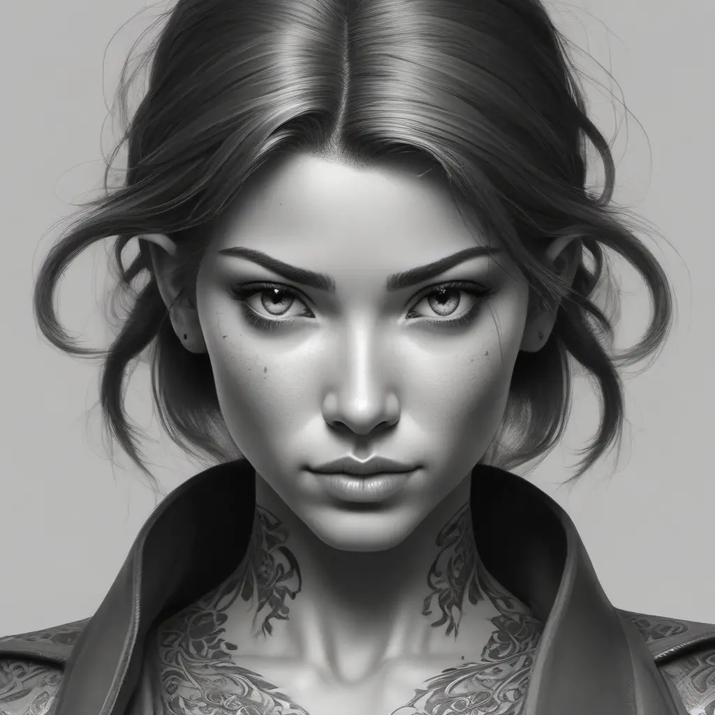 Grayscale matte portrait of a beautiful female ninja with tattoos, 4k, Highly Detailed, Powerful, Alluring, Artstation, Magical, Digital Painting, Photo Realistic, Sharp Focus, Volumetric Lighting, Concept Art by Stanley Artgerm Lau, Alphonse Mucha, Greg Rutkowski