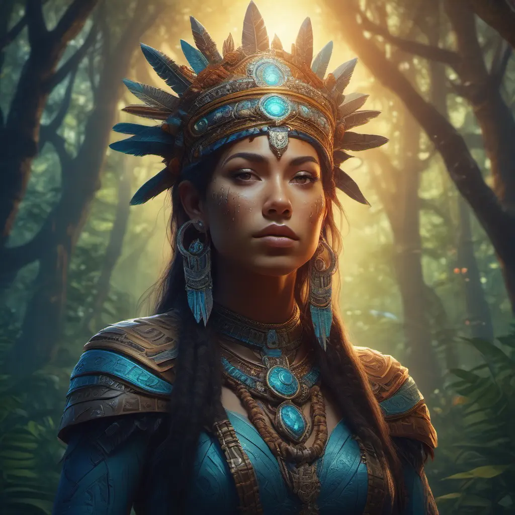 Closeup of a beautiful Aztec Queen in a magical forest, 4k, Highly Detailed, Masterpiece, Pretty Face, Digital Illustration, Cinematic Lighting, Realistic, Sharp Focus, Centered, Beautifully Lit, Bioluminescent by Stanley Artgerm Lau