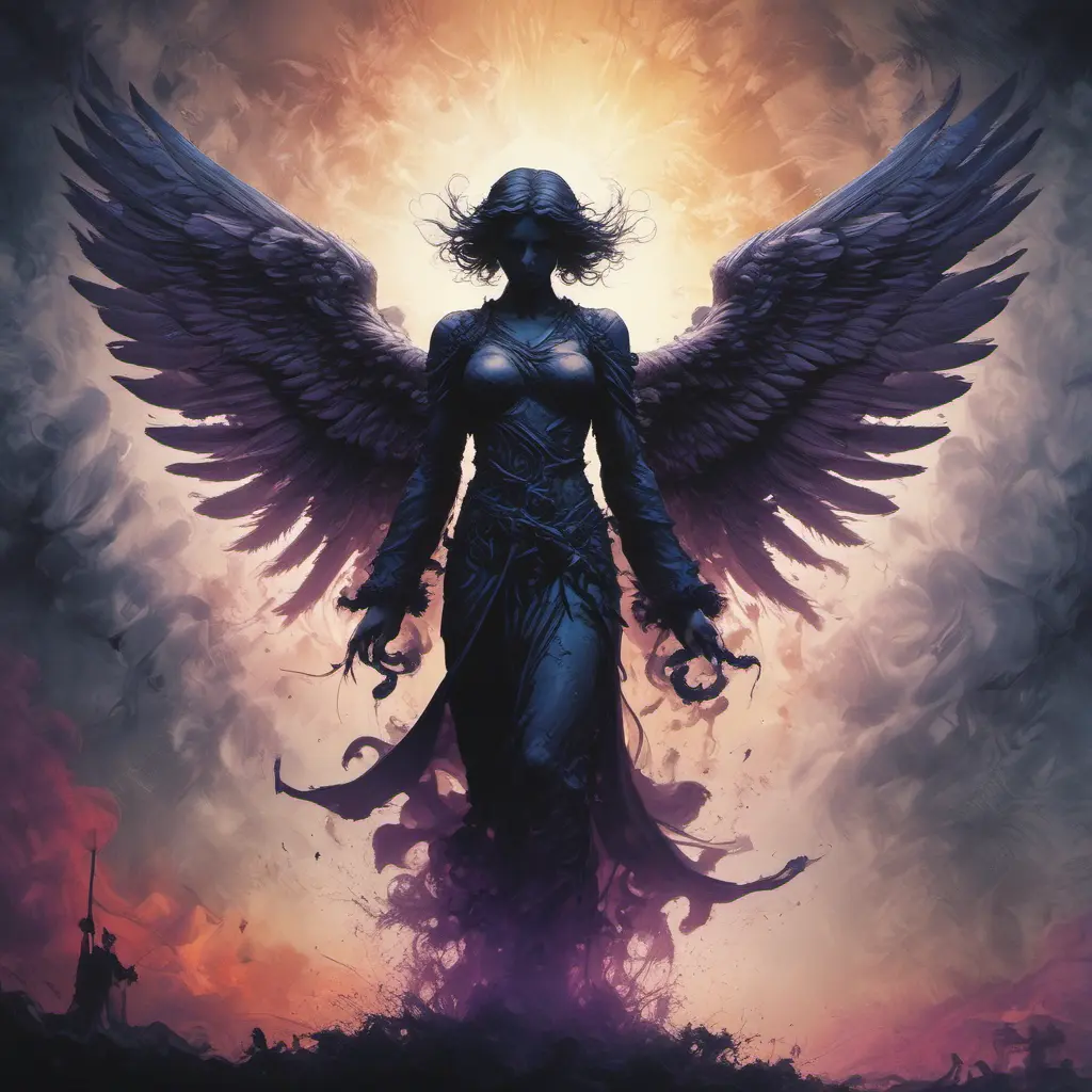 Silhouette of an Angel emerging from the fog of war, ink splash, Highly Detailed, Vibrant Colors, Ink Art, Fantasy, Dark by Stanley Artgerm Lau