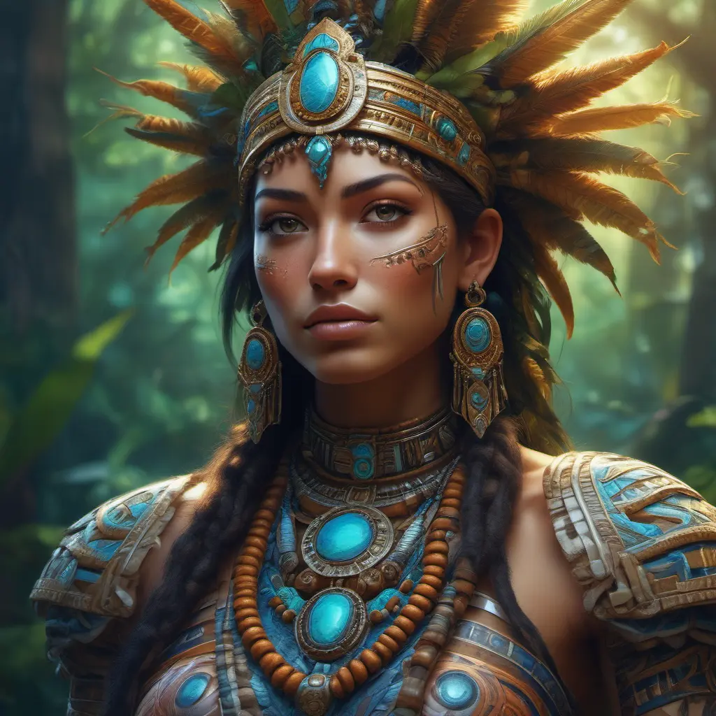 Closeup of a beautiful Aztec Queen in a magical forest, 4k, Highly Detailed, Masterpiece, Pretty Face, Digital Illustration, Cinematic Lighting, Realistic, Sharp Focus, Centered, Beautifully Lit, Bioluminescent by Stanley Artgerm Lau