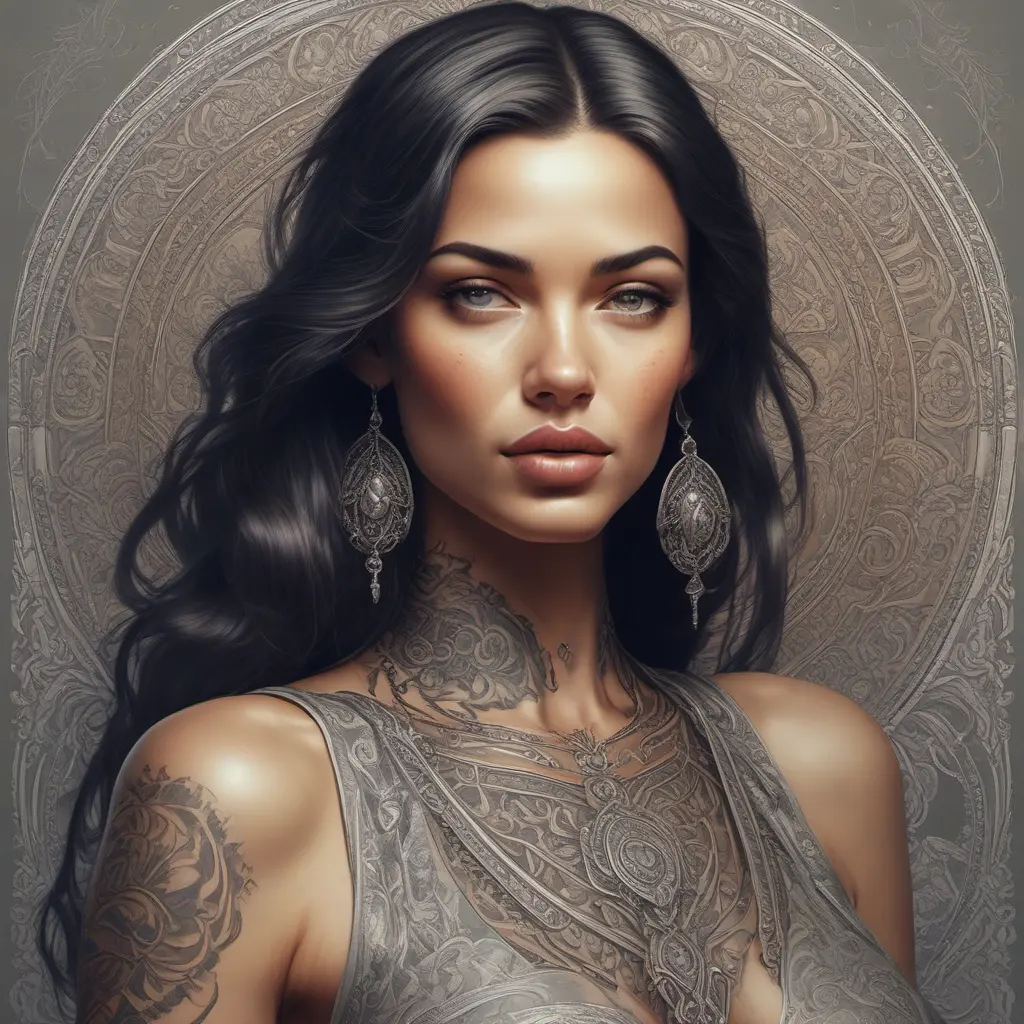 Colorful portrait of a tattooed Irina Shayk with a grey scale face, 4k, Highly Detailed, Hyper Detailed, Powerful, Artstation, Vintage Illustration, Digital Painting, Sharp Focus, Smooth, Concept Art by Stanley Artgerm Lau, Alphonse Mucha, Greg Rutkowski