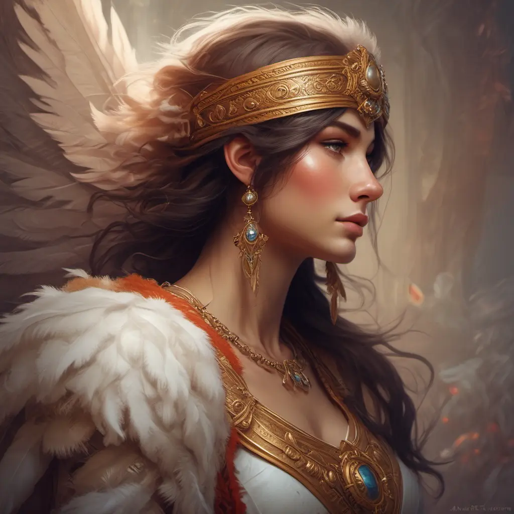 Alluring matte portrait of a beautiful Kassandra wearing feathers, 8k, Highly Detailed, Intricate, Half Body, Realistic, Sharp Focus, Volumetric Lighting, Fantasy, Elegant by Stanley Artgerm Lau, Alphonse Mucha, WLOP